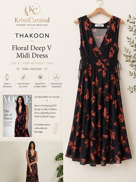 Thakoon Dresses & Skirts - 🖤 Thakoon Floral Deep V Midi Dress Size 8 NWOT Vogue Featured Silk-Look Viscose